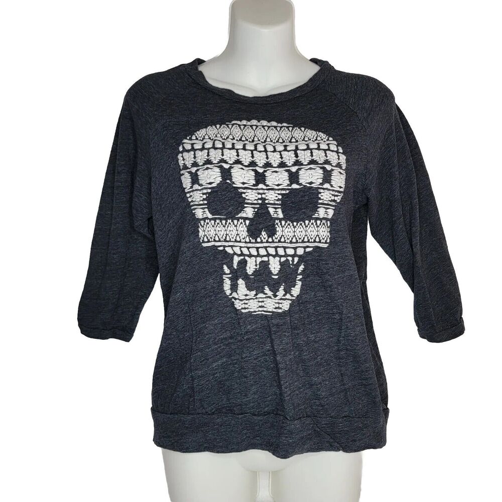 Jerry Leigh Apparel Sugar Skull Black Knit Top Shirt L 11/13 3/4 Sleeves Juniors